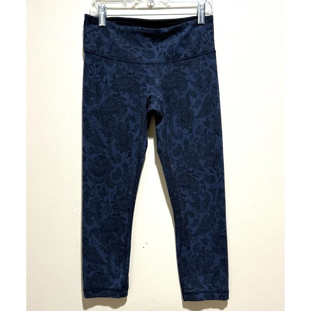 Lululemon Wunder Under Crop Leggings Womens 6 Blue Paisley Yoga Athletic Pants